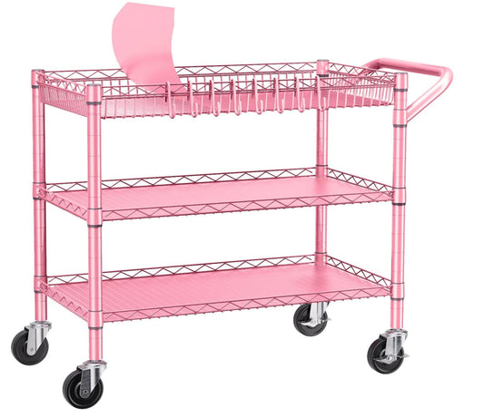 Heavy Duty Utility Cart with Handle 990lbs Capacity Metal 3 Tier Rolling Carts