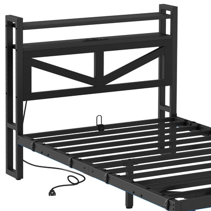 Twin Size Floating Bedroom Bed Frame with USB Charging Port & LED Lights Metal