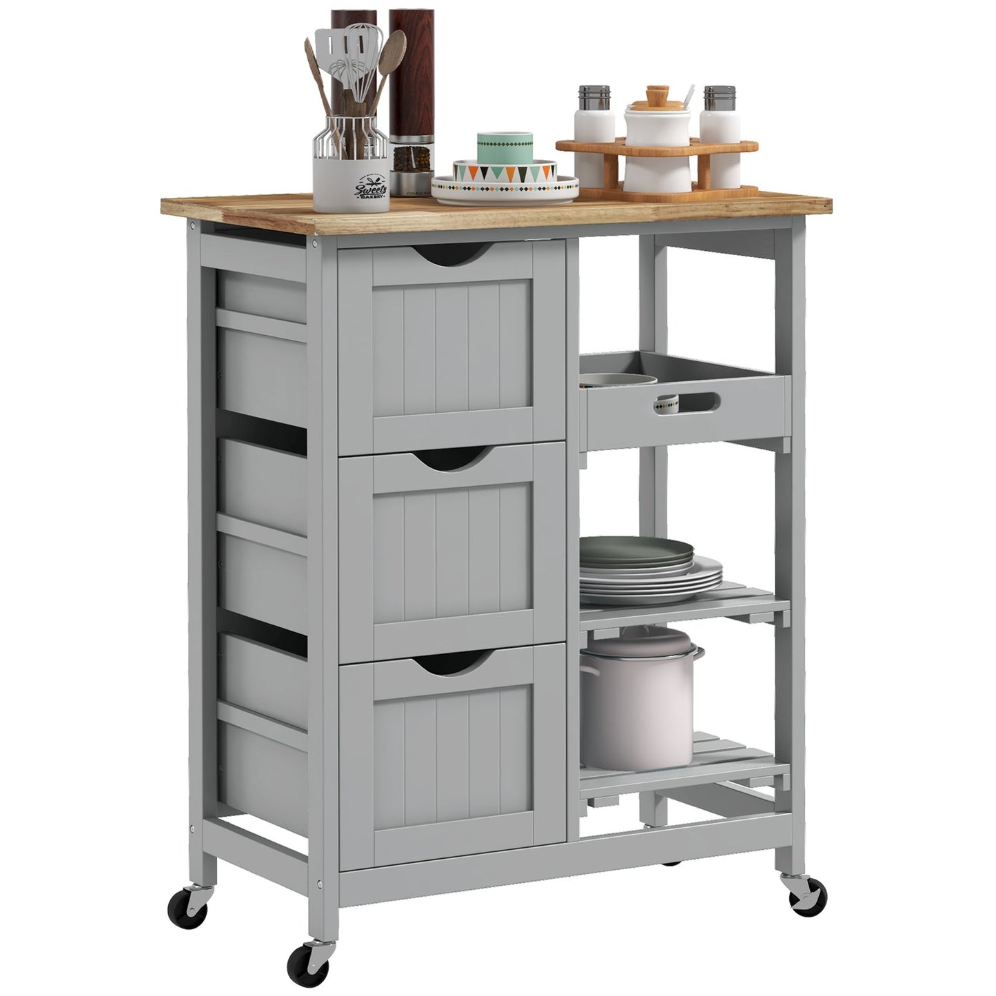 Rolling Kitchen Island Cart, Bar Serving Cart with Drawers, Gray