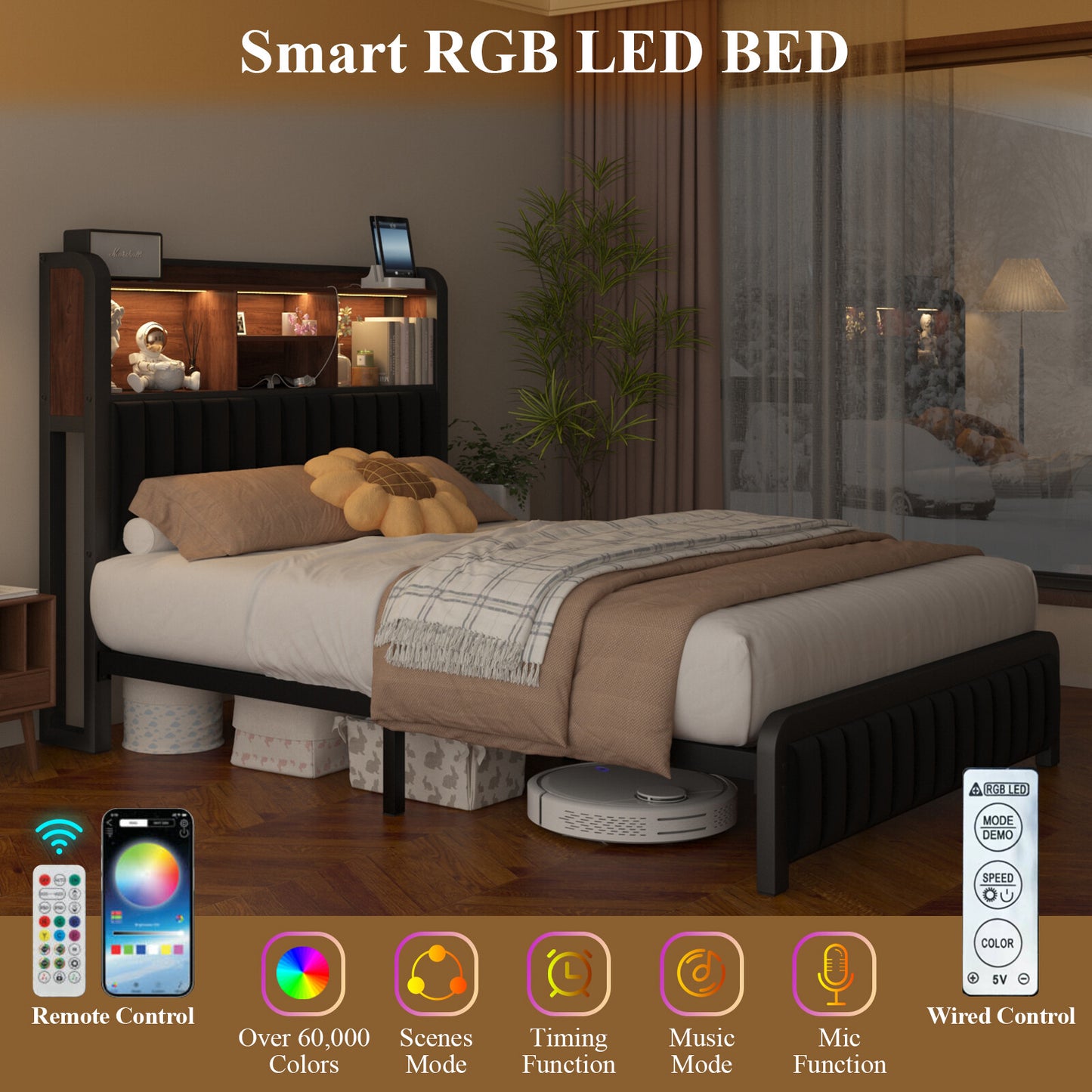 E-Motie Full Size LED Bed Frame with Storage Headboard and Charging Station
