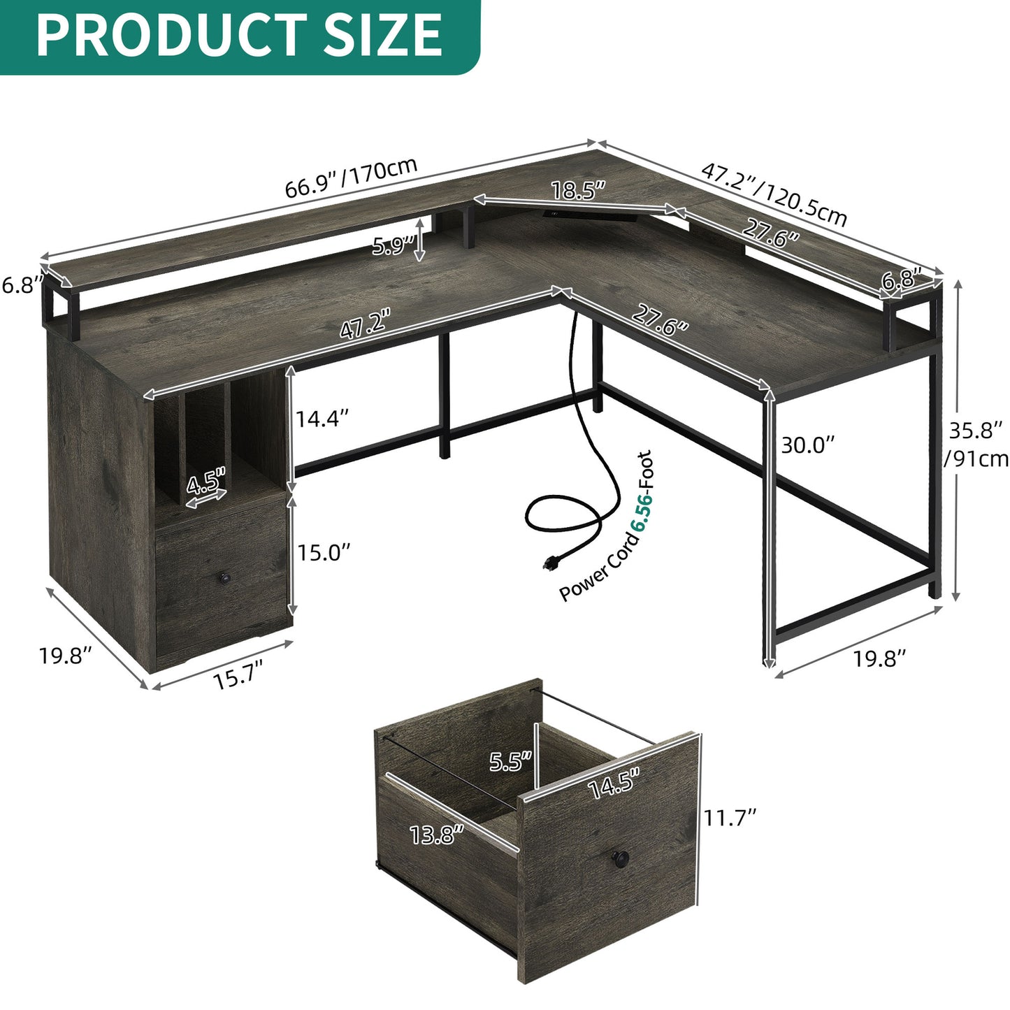 L Shaped Desk Corner Gaming Desk Computer Desk with Power Outlets & LED Lights