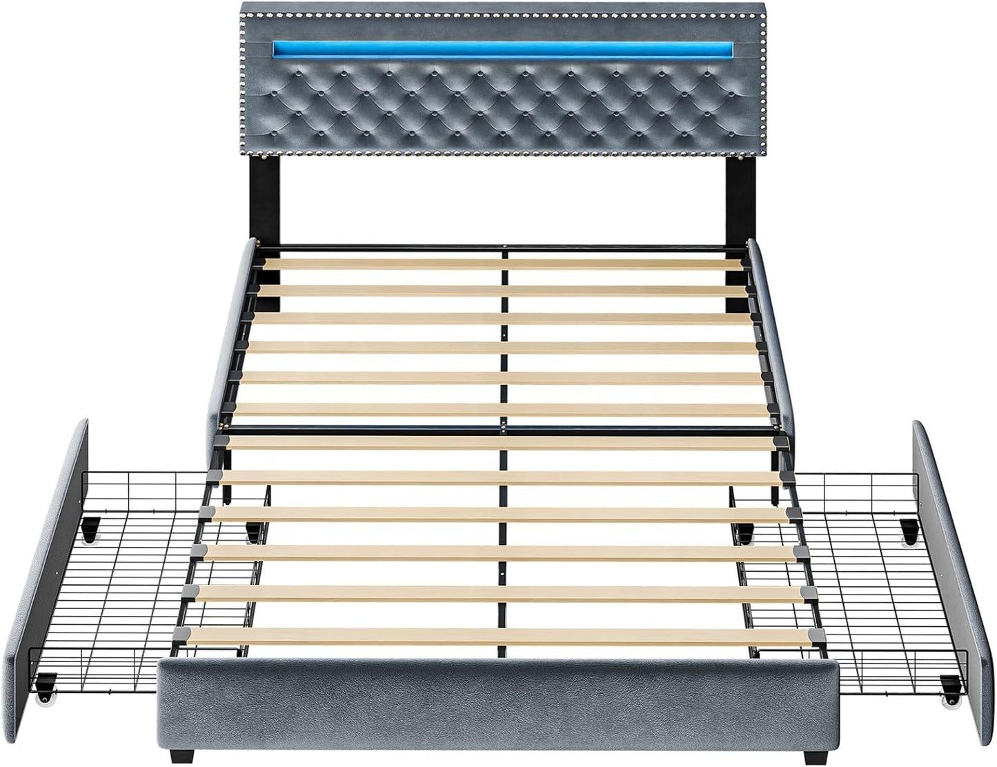 Queen Size Bed Frame with LED Lights Velvet Upholstered Platform with Storage f