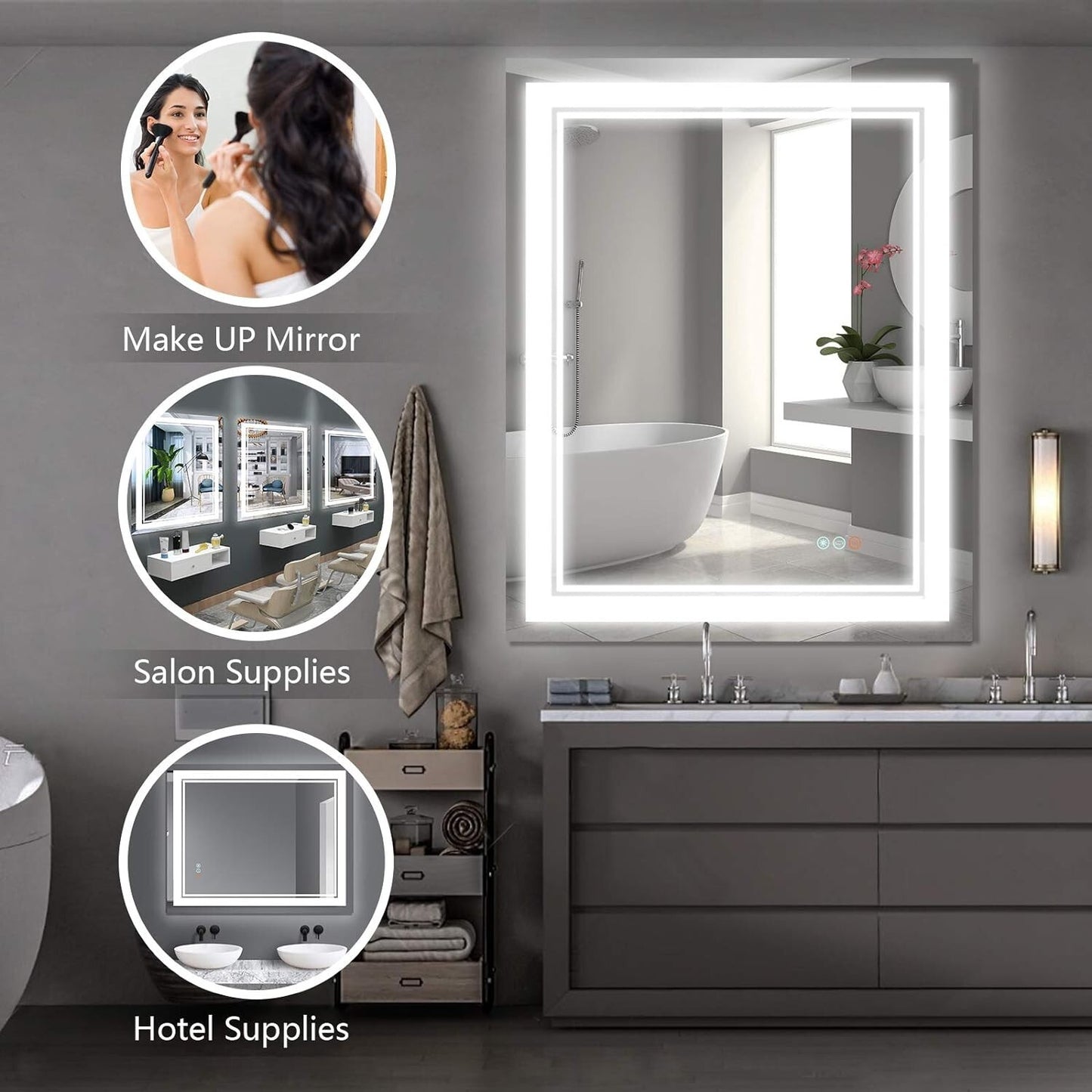 40”x 32” LED Bathroom Mirror, Wall Vanity Mirror, 3 Colors Touch , Anti-Fog