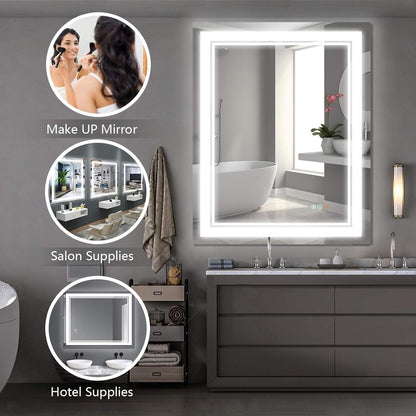 40”x 32” LED Bathroom Mirror, Wall Vanity Mirror, 3 Colors Touch , Anti-Fog
