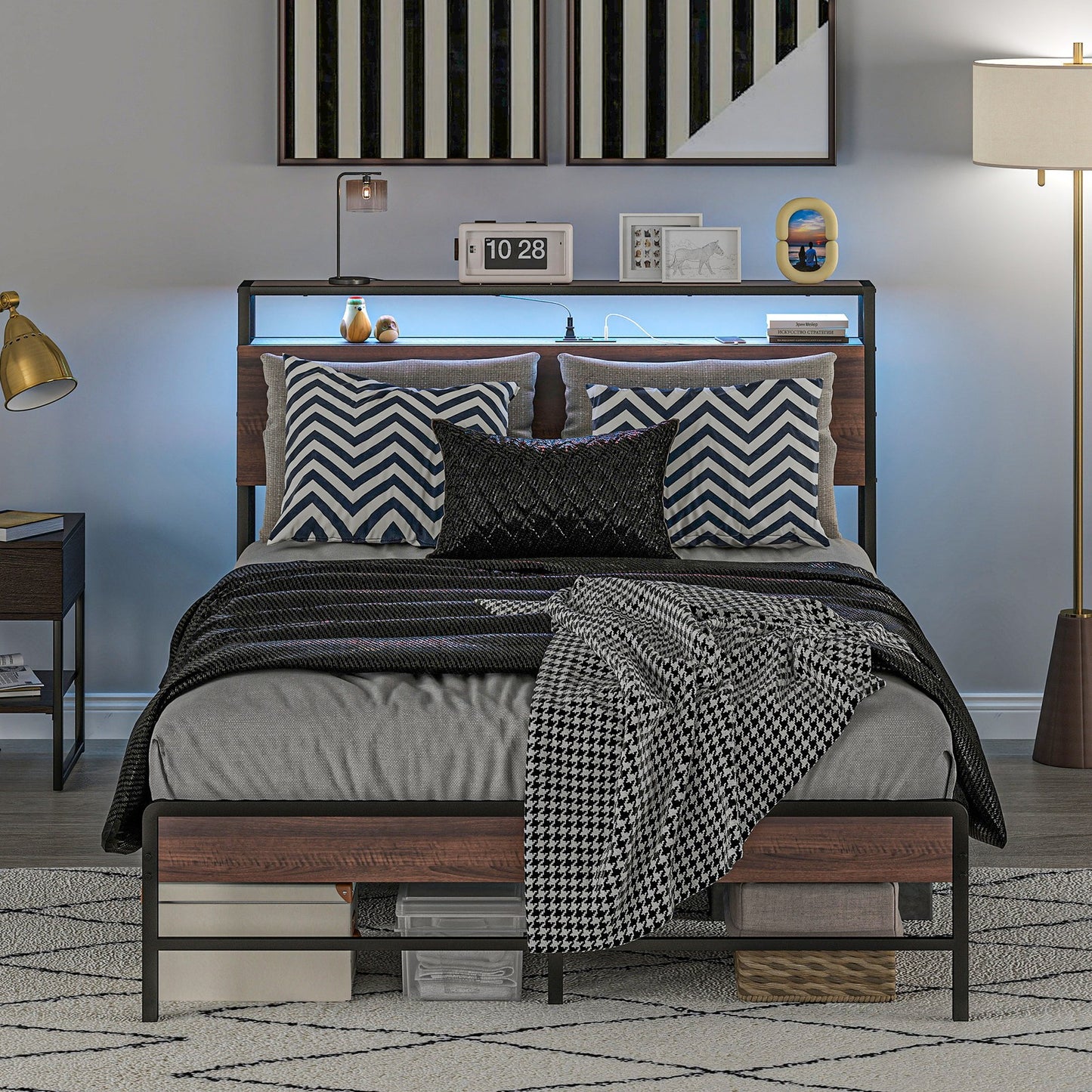 Full Bed Frame with Headboard, LED Lights, Charging Station, Walnut