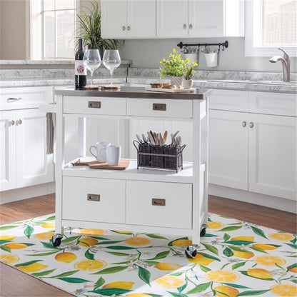Linon Sydney Wood Rolling Kitchen Storage Cart Stainless Steel Top In White