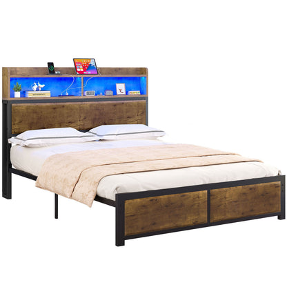 Full Size Bed Frame,LED Bed Frame with Headboard,USB Ports & Charging Outlets