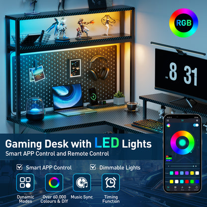 L Shaped Gaming Desk with LED Light & Power Outlet, Reversible Computer Table