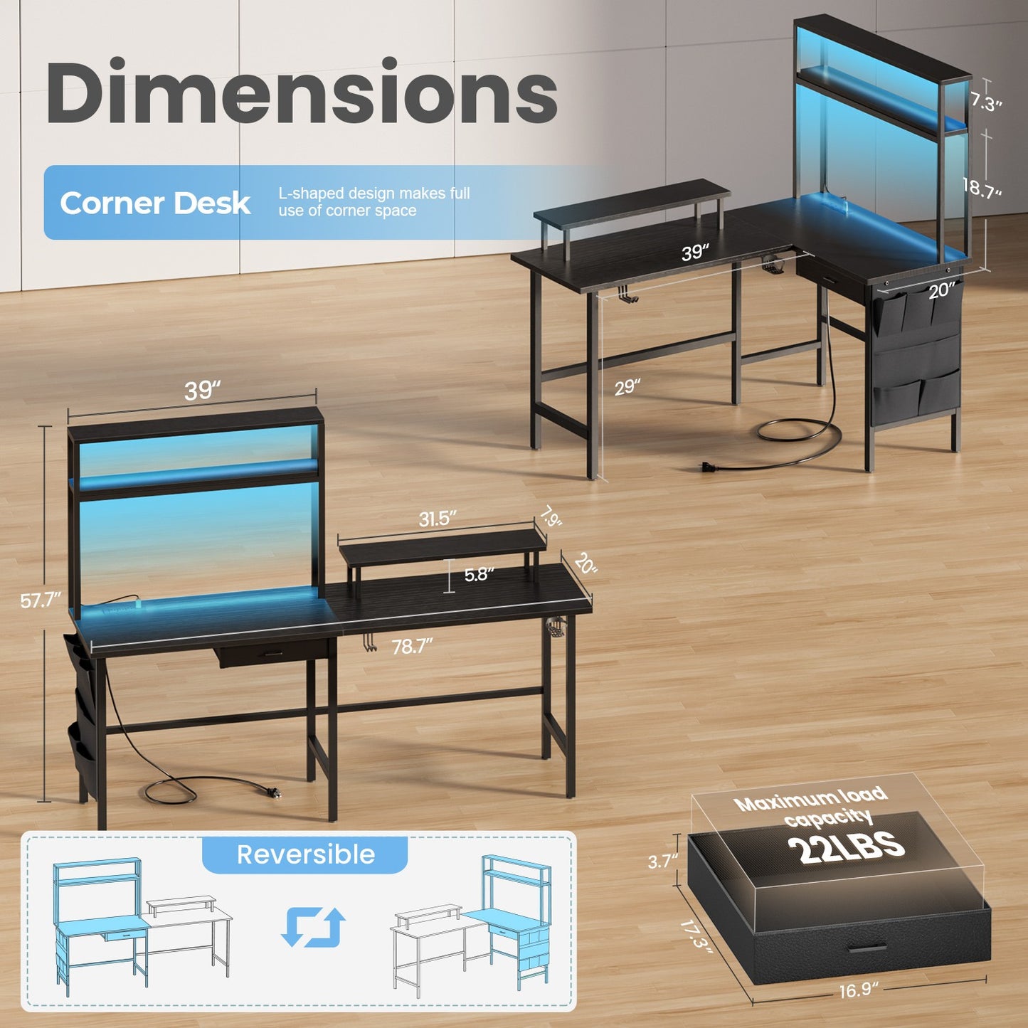 59 inch L Shaped Gaming Desk with LED & Power Outlets, Computer Desk with Drawer