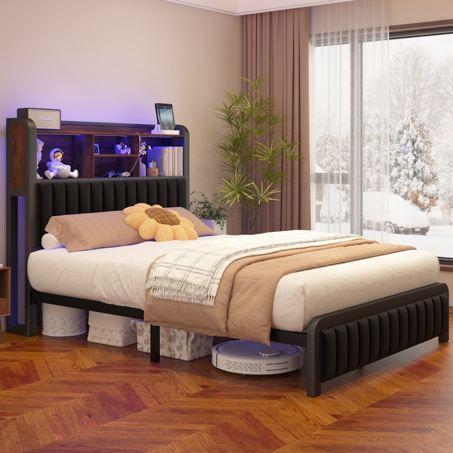 Full/Queen Size Bed Frame with Storage Headboard, LED Lights, Charging Station