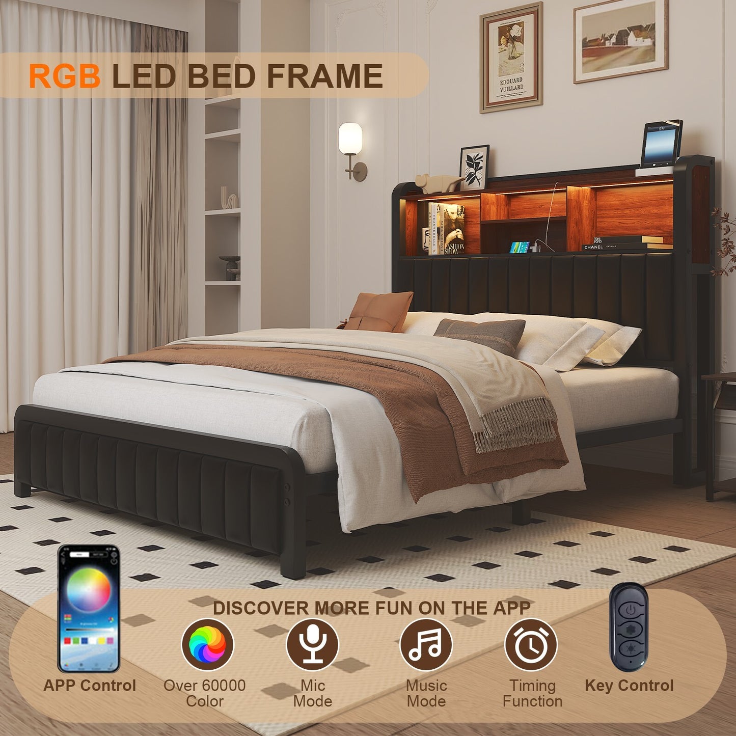 Queen Size LED Bed Frame with 3-Tier Storage Headboard＆Charging Station