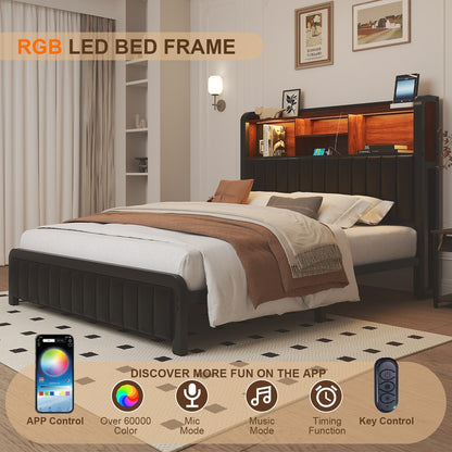 Queen Size LED Bed Frame with 3-Tier Storage Headboard＆Charging Station