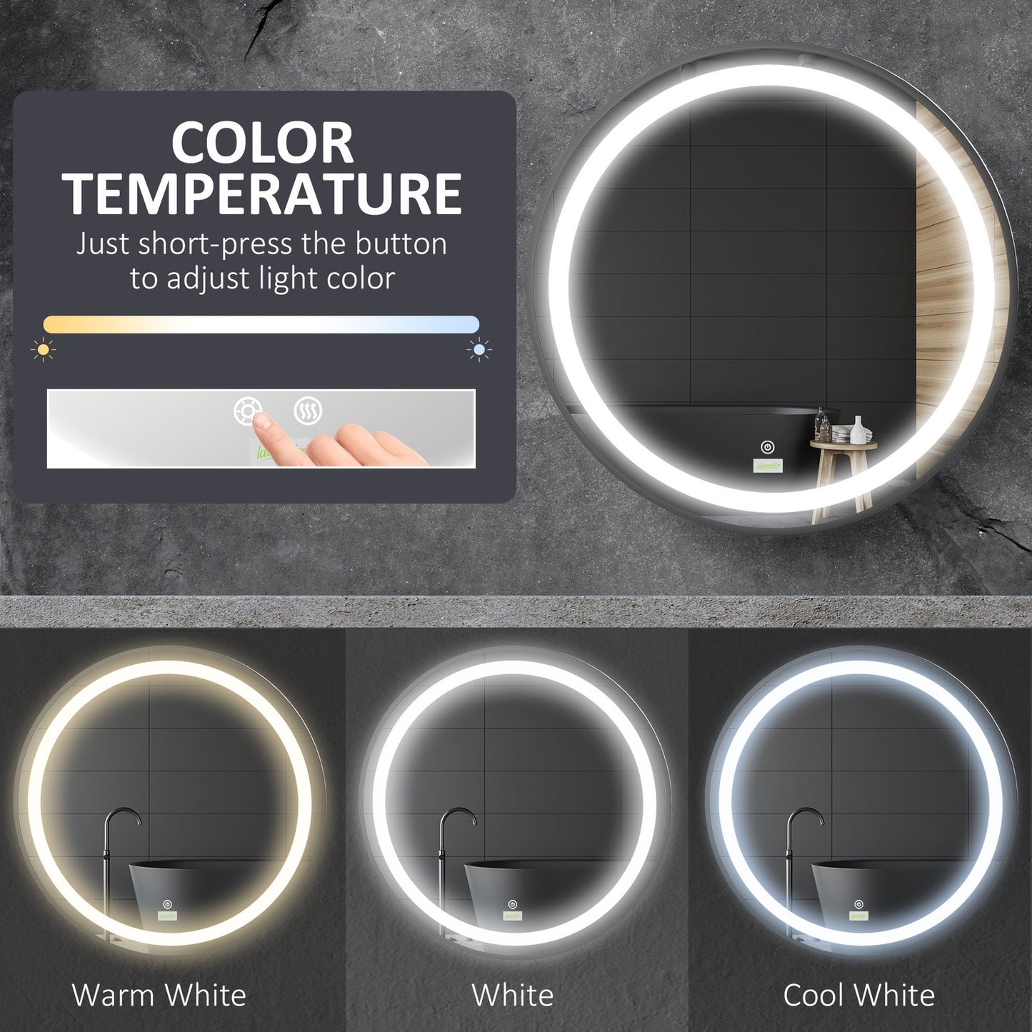 24" LED Smart Bathroom Mirror Wall Mounted Round Vanity Mirror w/ Lights, Black