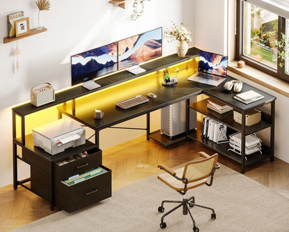 Reversible L Shaped Computer Desk Gaming Desk w/ Power Outlet & LED Strip,Black