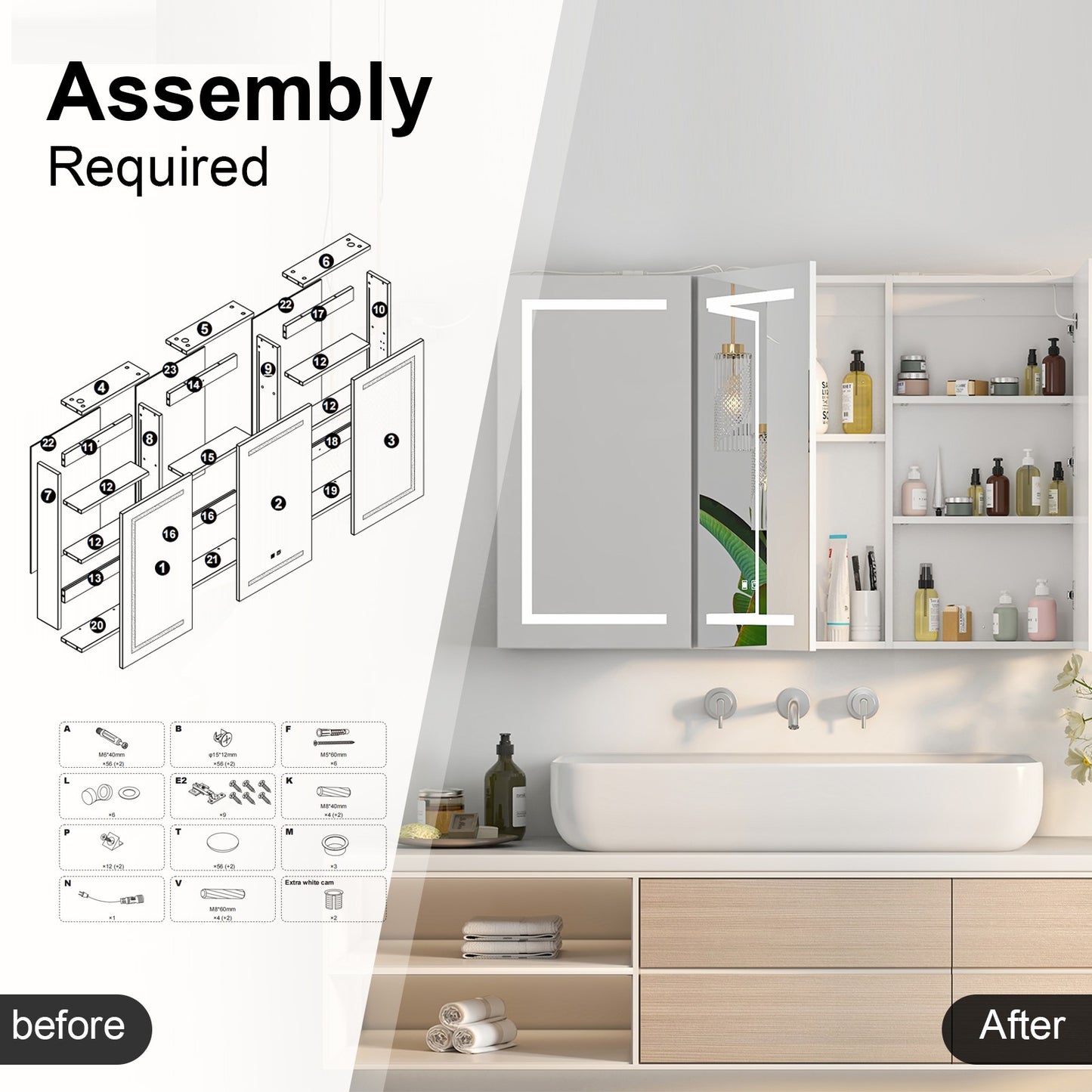 Large LED Medicine Cabinet Bathroom Mirror Cabinet with Light 3 Color 47×30 Inch