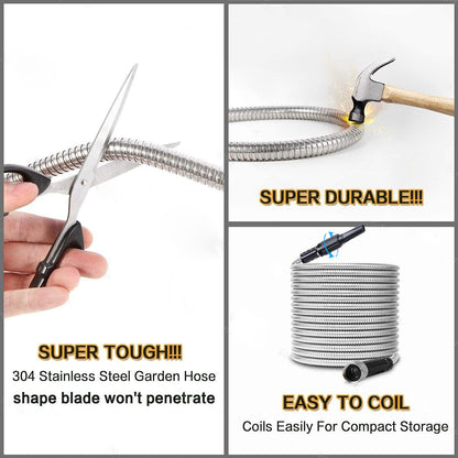 75FT 304 Stainless Steel Metal Garden Water Hose Kink Proof Flexible Heavy Duty