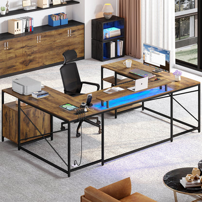 79 inch U Shaped Desk with Power Outlets & LED Lights Reversible Computer Desk