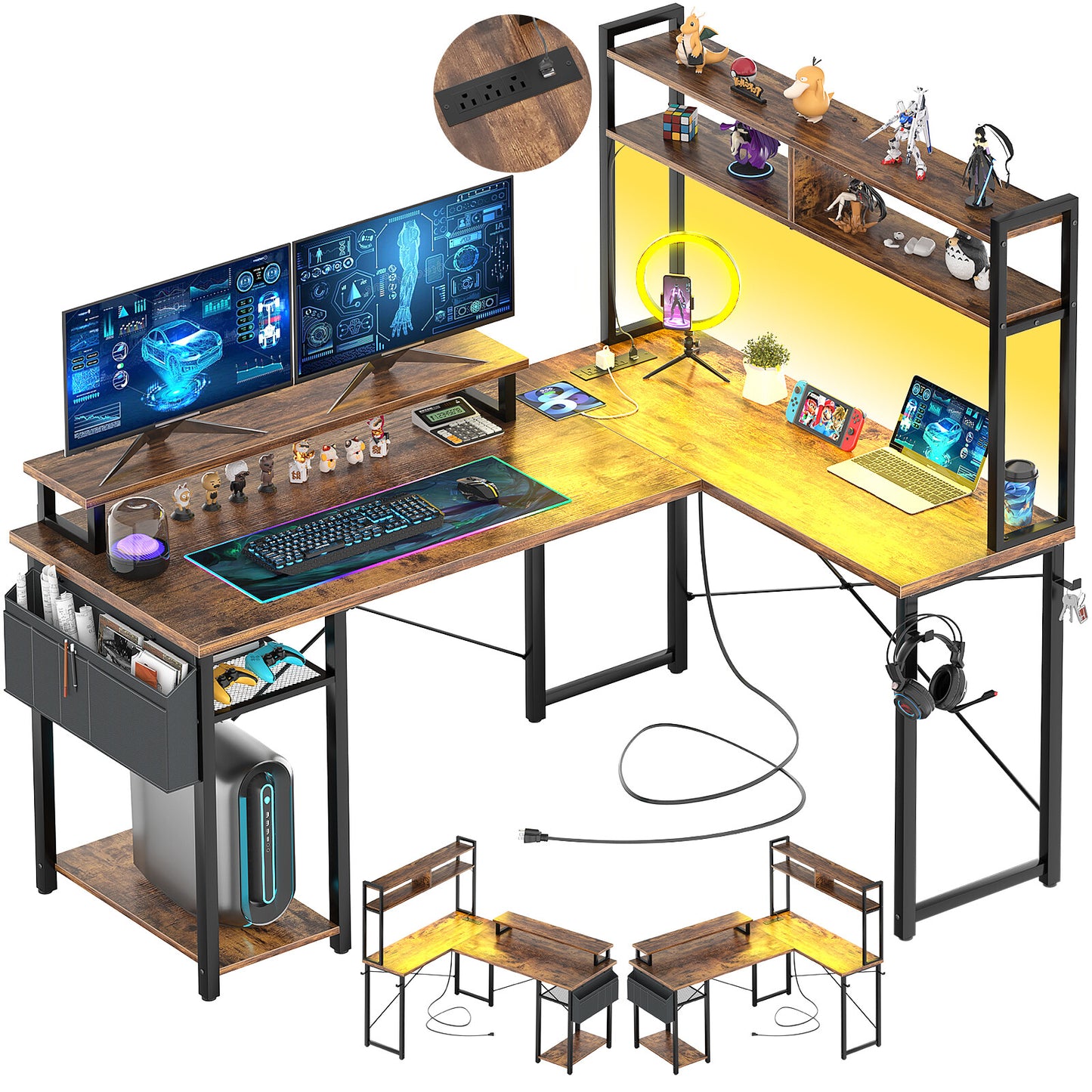 Reversible L-Shaped Computer Desk Gaming Desk with LED Lights and Power Outlets