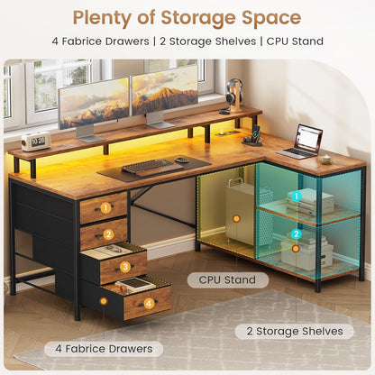 L Shaped Desk with 4 Drawers &Storage Shelves, Corner Computer Desk w/LED Lights