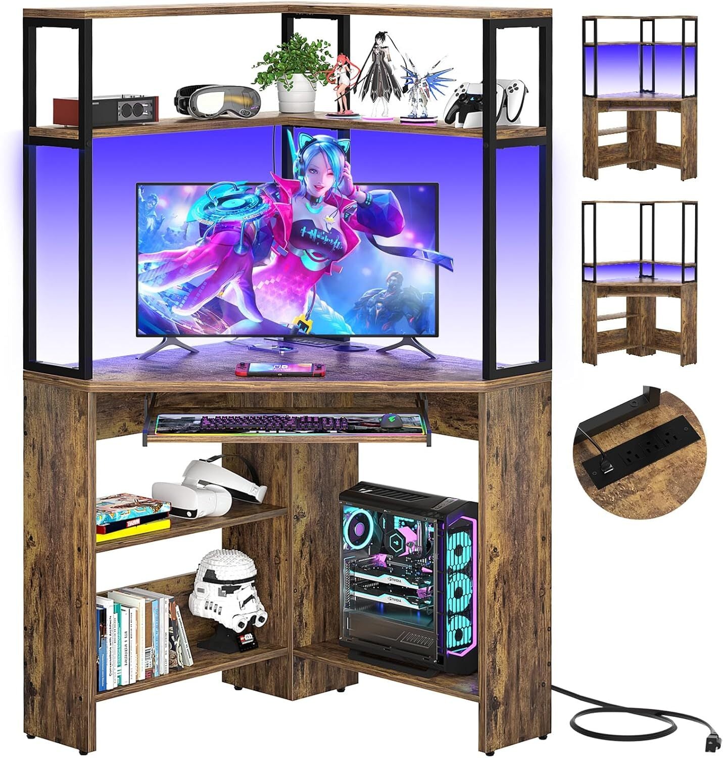 Triangle Corner Computer Desk with Keyboard Tray & Hutch & LED Lights & Outlets