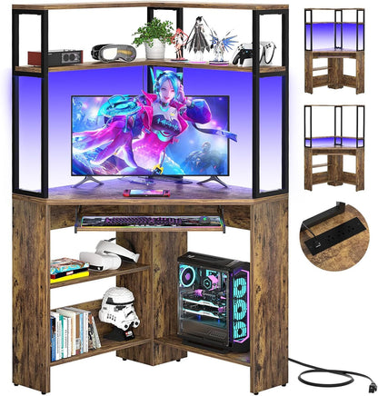 Triangle Corner Computer Desk with Keyboard Tray & Hutch & LED Lights & Outlets