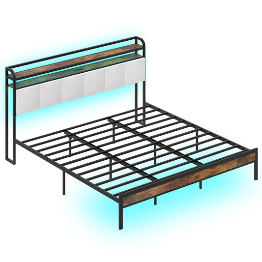 Queen Size Bed Frame w/LED Light & Charging Station Heavy Duty Metal Platform