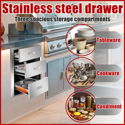 Outdoor Kitchen Drawers Stainless Steel 3-Drawer BBQ Drawer 16"W x 21.5"H x 18"D