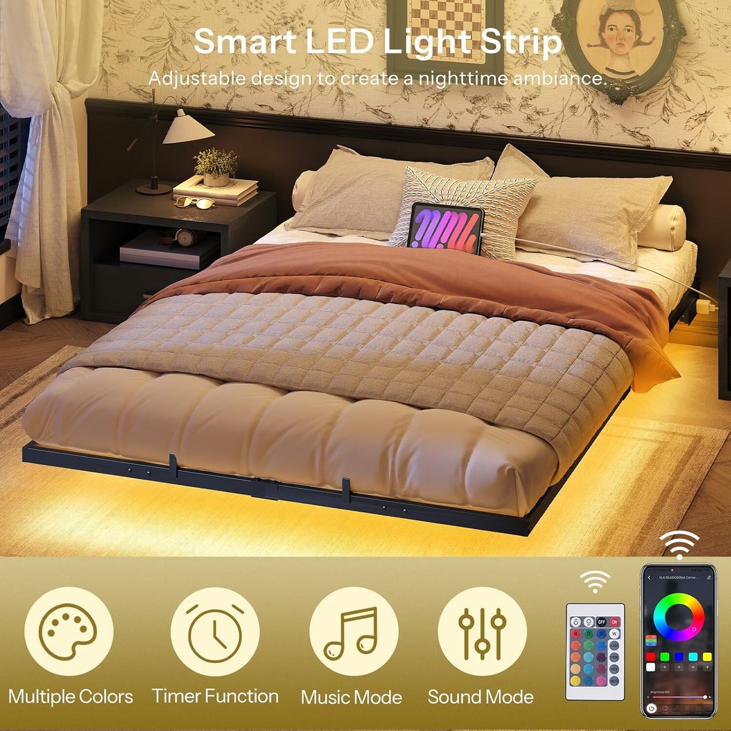 HOOBRO Floating Bed Frame Queen Size Bed Frame w/Charging Station and LED Lights