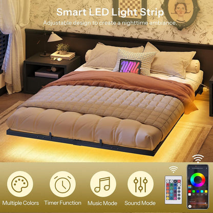 HOOBRO Floating Bed Frame Queen Size Bed Frame w/Charging Station and LED Lights