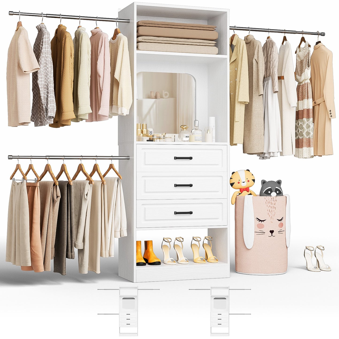 48''-96'' Walk-in Closet Organizer System with Mirror ＆ Drawers ＆ 3 Hanging Rods