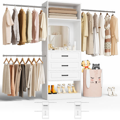 48''-96'' Walk-in Closet Organizer System with Mirror ＆ Drawers ＆ 3 Hanging Rods