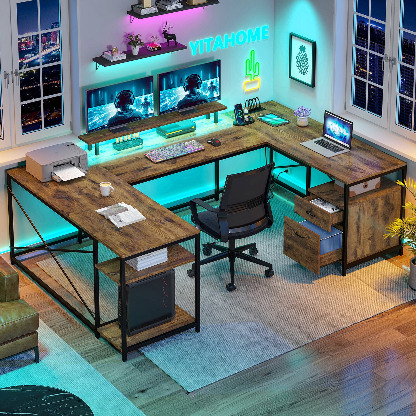 79 inch U Shaped Desk with Power Outlets & LED Lights Reversible Computer Desk