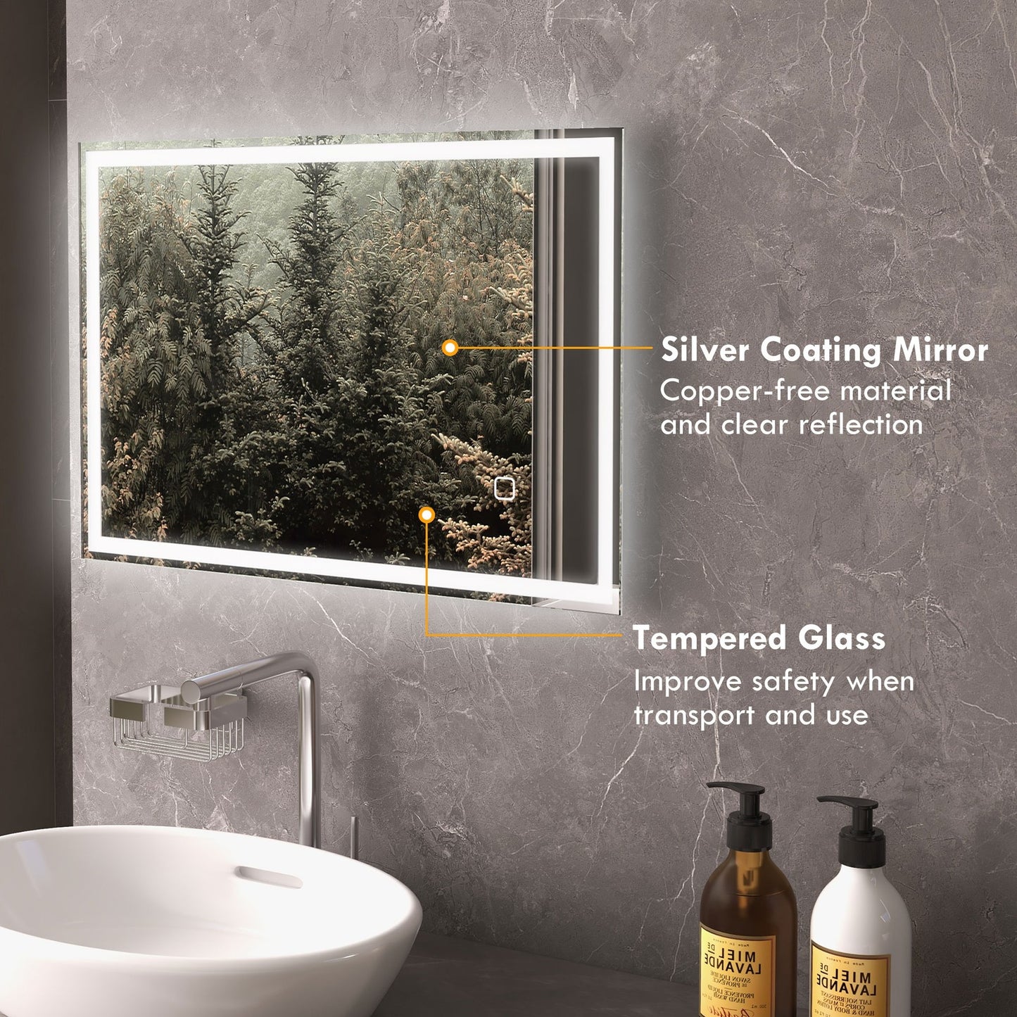 Dimmable Bathroom Mirror with LED Lights, 3 Colors, Memory Function