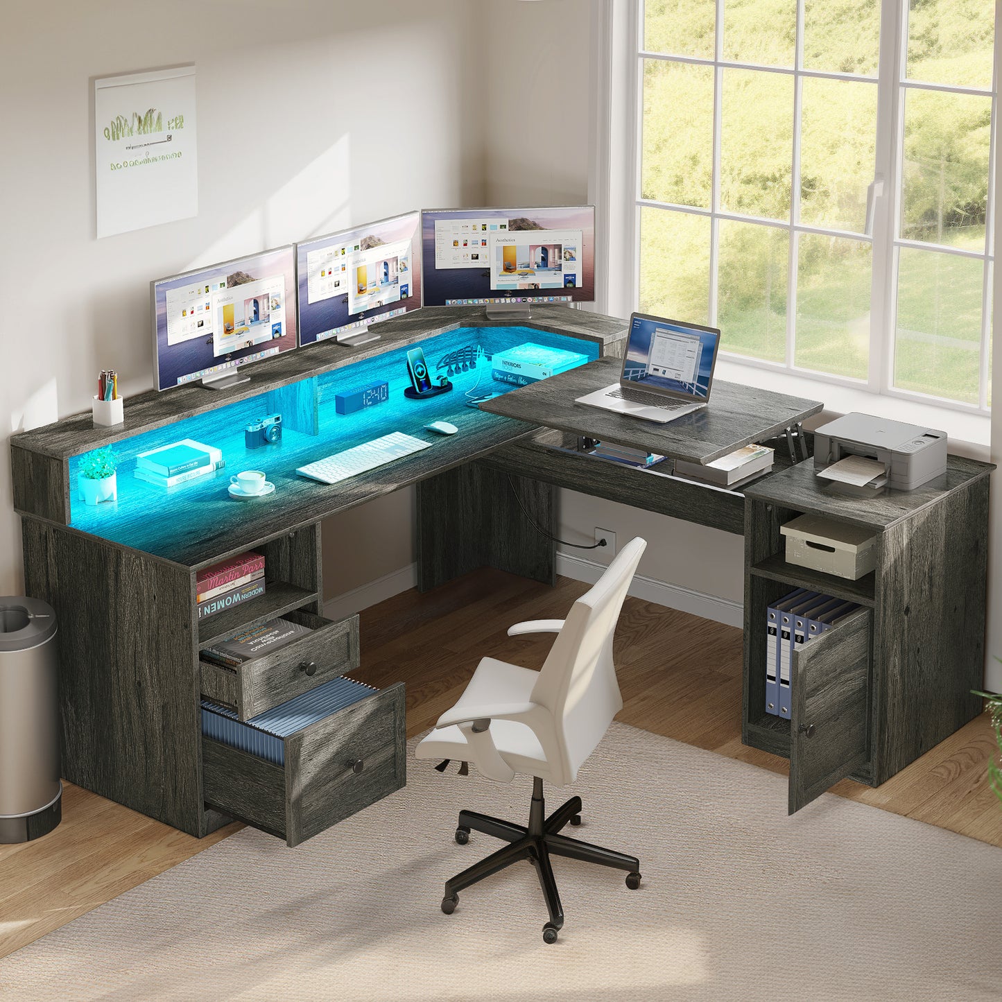 60" Lift Top L Shaped Desk with Power Outlets & LED Lights Corner Computer Desk