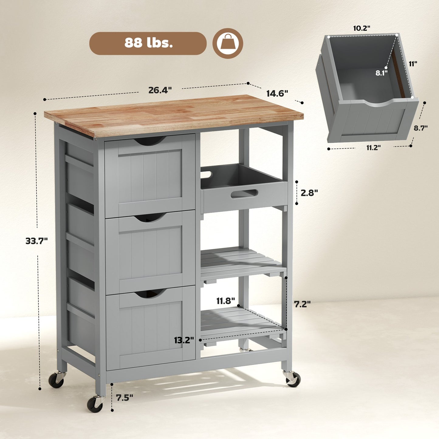 Rolling Kitchen Island Cart, Bar Serving Cart with Drawers, Gray