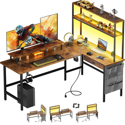 L Shaped Gaming Desk with LED & Power Outlets, Computer Desk with Monitor Stand