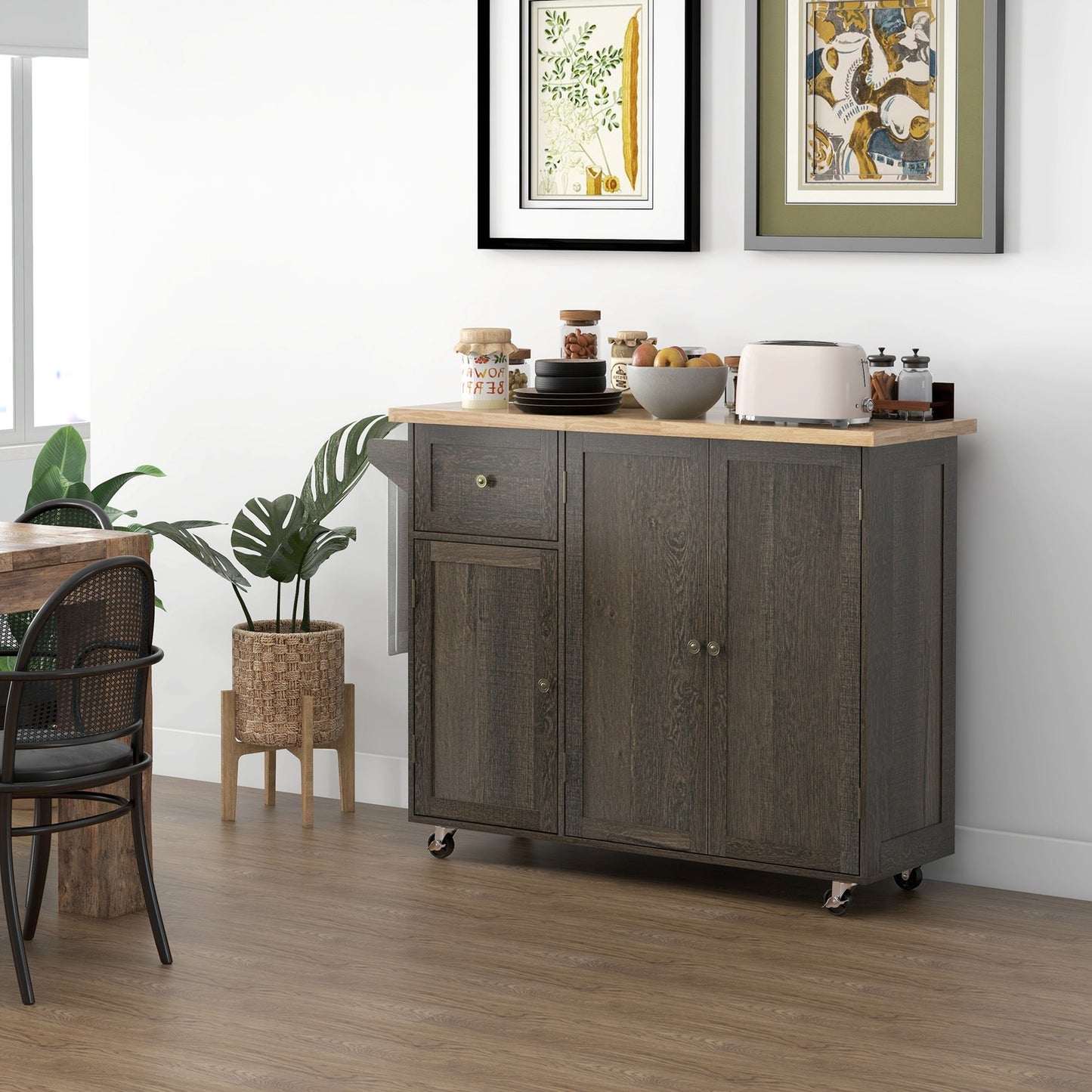 Triple-Cabinet Rolling Kitchen Island on Wheels, Kitchen Cart