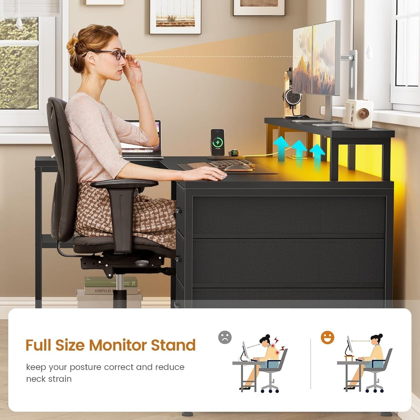 L Shaped Desk with 4 Drawers &Storage Shelves, Corner Computer Desk w/LED Lights