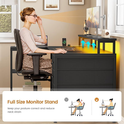 L Shaped Desk with 4 Drawers &Storage Shelves, Corner Computer Desk w/LED Lights