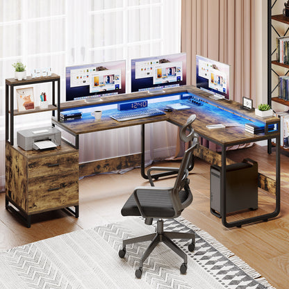 87" L Shaped Desk with File Drawer Reversible Computer Desk with Power Outlets