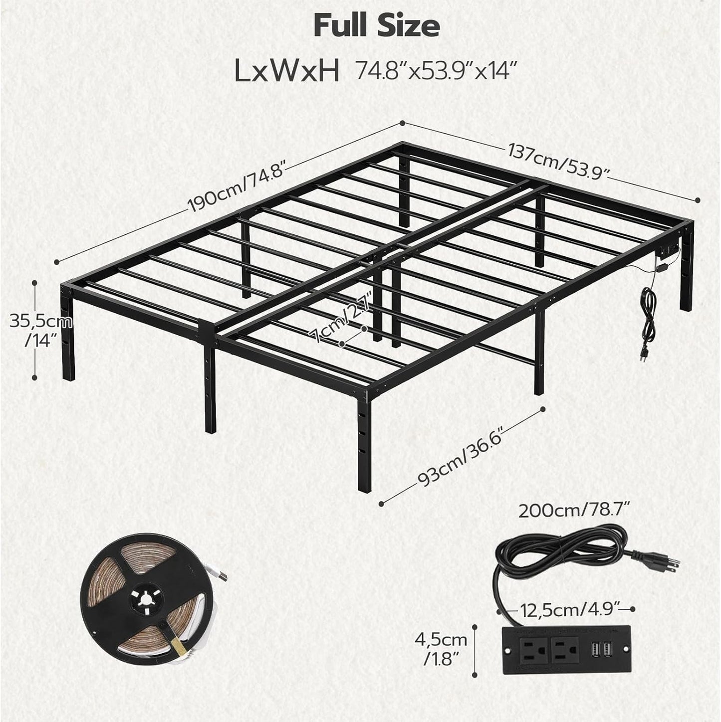 Full Bed Frame with LED Lights Metal Platform Bed Frame with Charging Station
