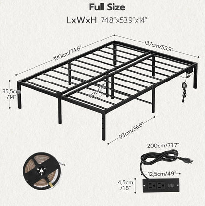 Full Bed Frame with LED Lights Metal Platform Bed Frame with Charging Station