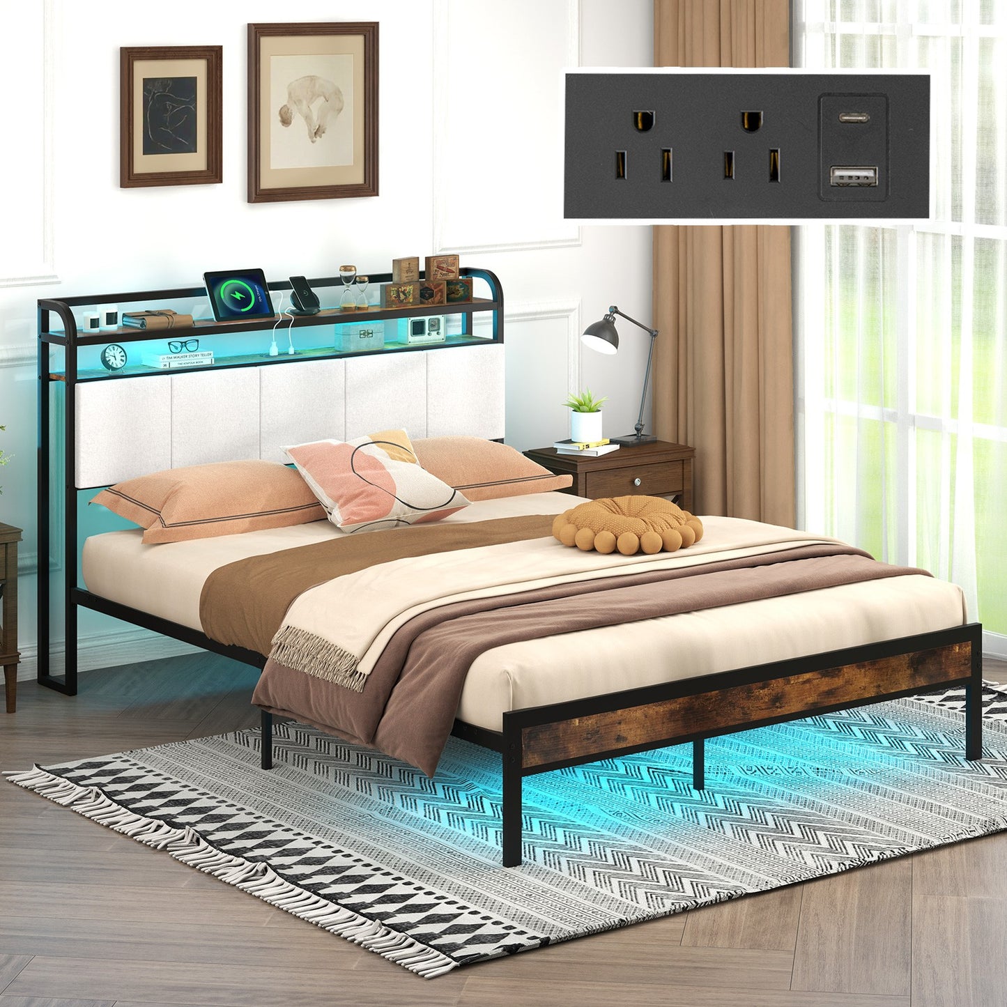 Queen Size Bed Frame w/LED Light & Charging Station Heavy Duty Metal Platform