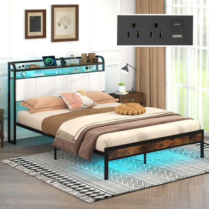 Queen Size Bed Frame w/LED Light & Charging Station Heavy Duty Metal Platform