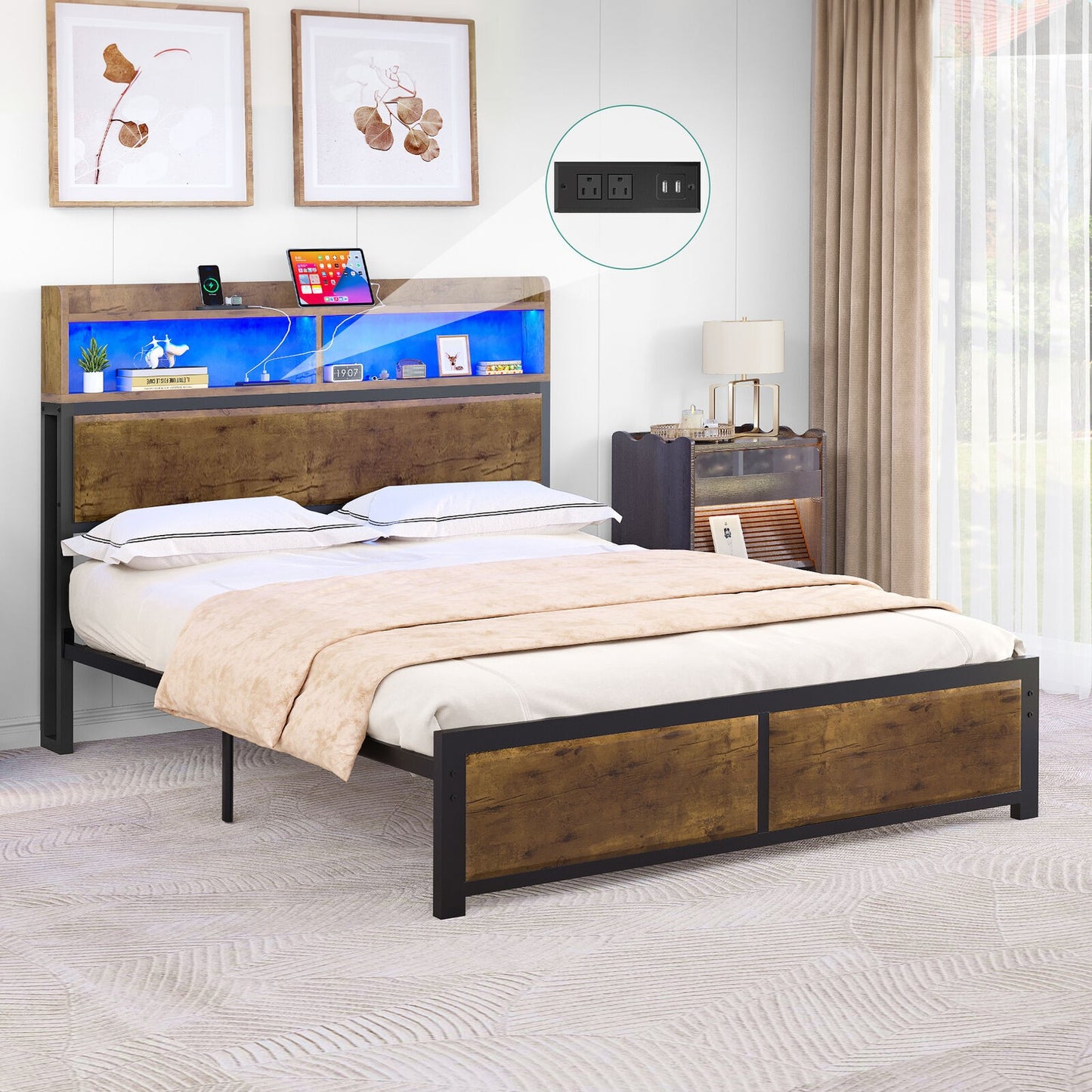 Full Size Bed Frame,LED Bed Frame with Headboard,USB Ports & Charging Outlets