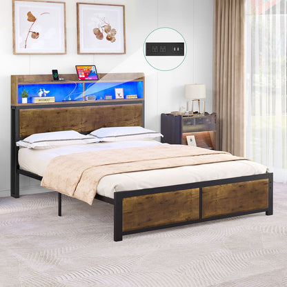 Full Size Bed Frame,LED Bed Frame with Headboard,USB Ports & Charging Outlets