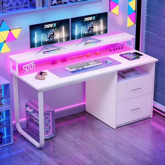 55 inch LED Computer Desk Office Desk with Drawer Gaming Desk with Power Outlets