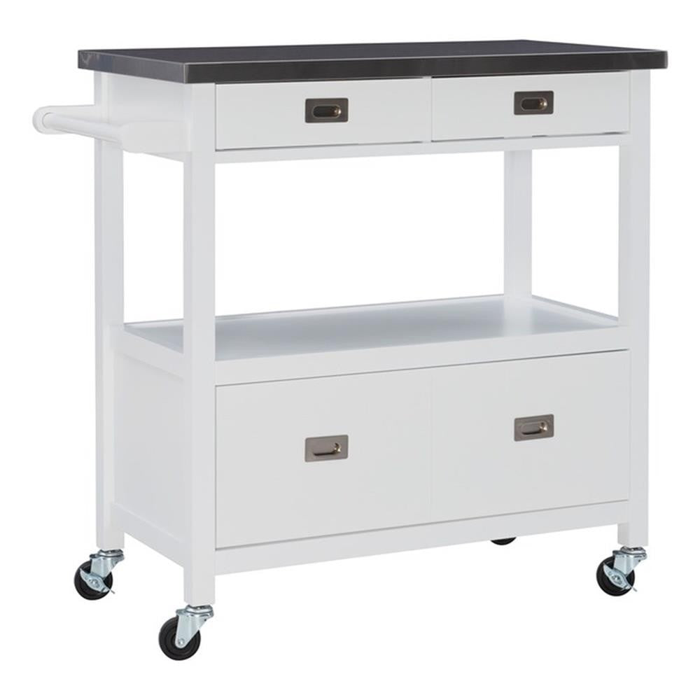 Linon Sydney Wood Rolling Kitchen Storage Cart Stainless Steel Top In White