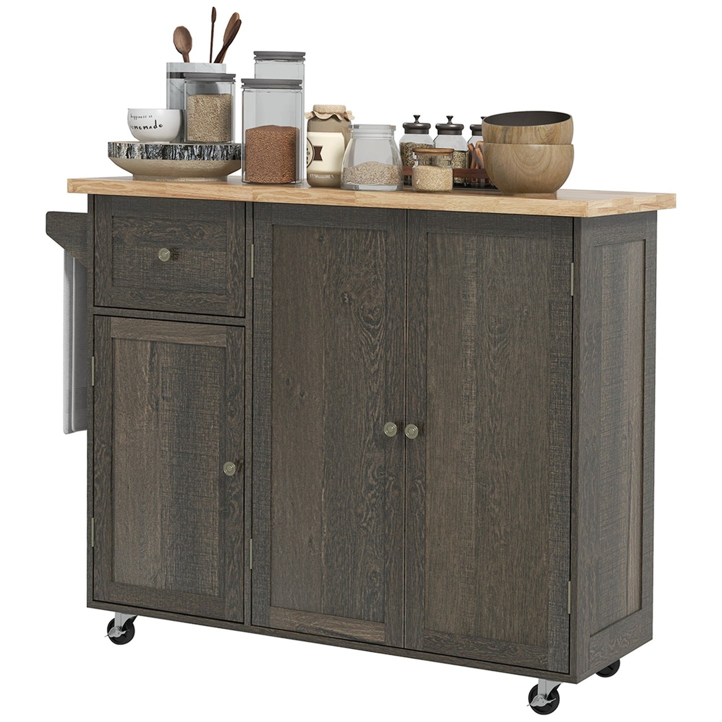 Triple-Cabinet Rolling Kitchen Island on Wheels, Kitchen Cart