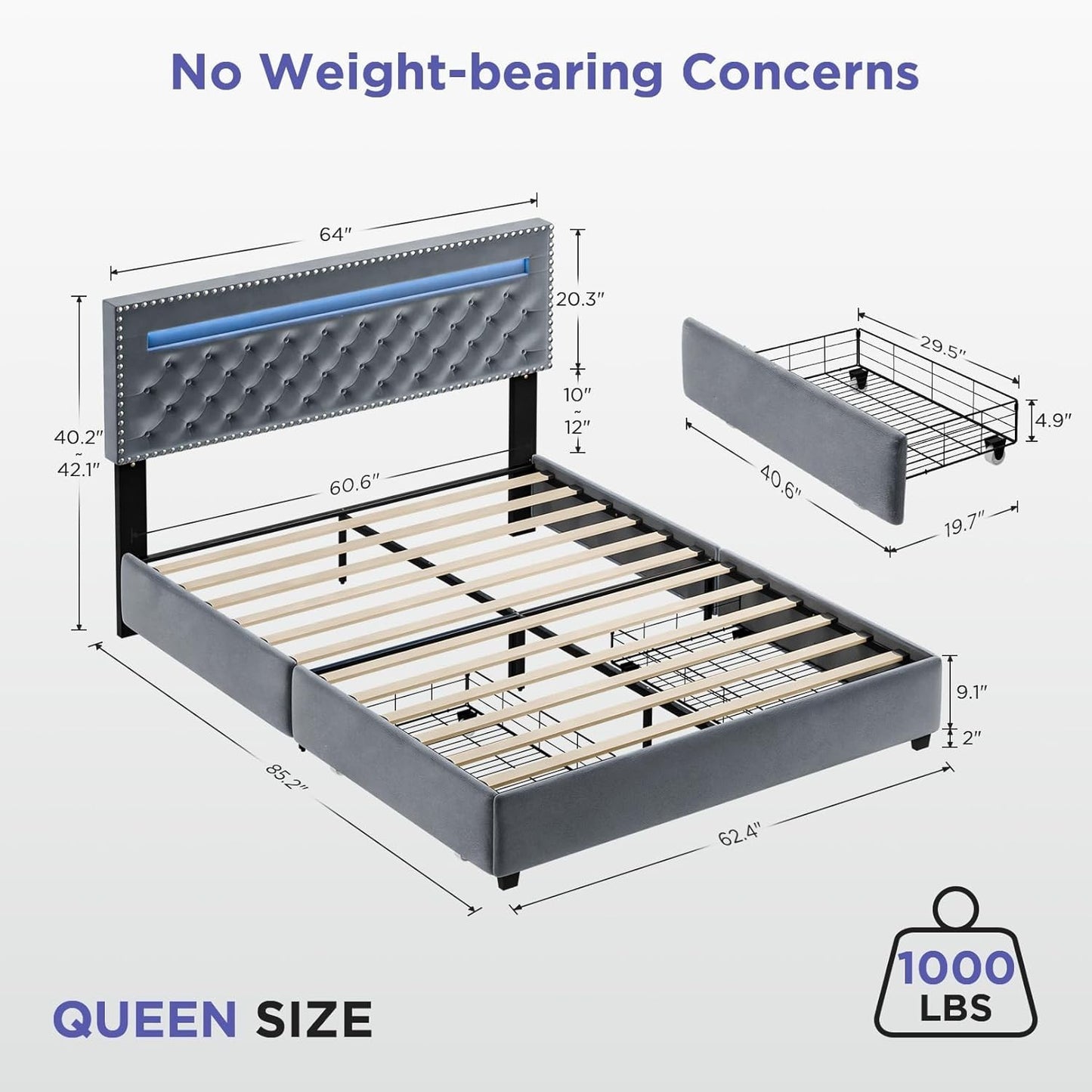 Queen Size Bed Frame with LED Lights Velvet Upholstered Platform with Storage f